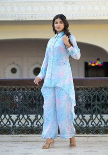  Women's Georgette Printed Co-Ord Set Collar Neck Cuff Full Sleeve High Low kurta with Loose Bottom Lining Attached (Baby Blue Shade)